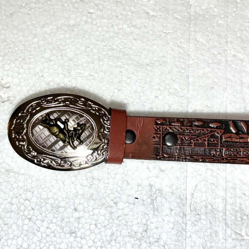 Western Men's Brown Leather Belt with Ornate Silver Buckle Embellished